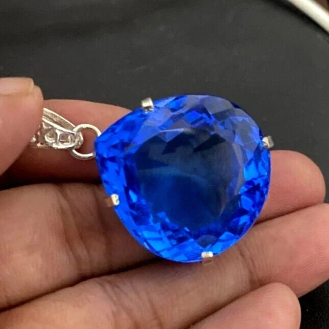 80 CT+ Flawless Blue Tanzanite Pendant 925 Sterling Silver Plated Jewelry