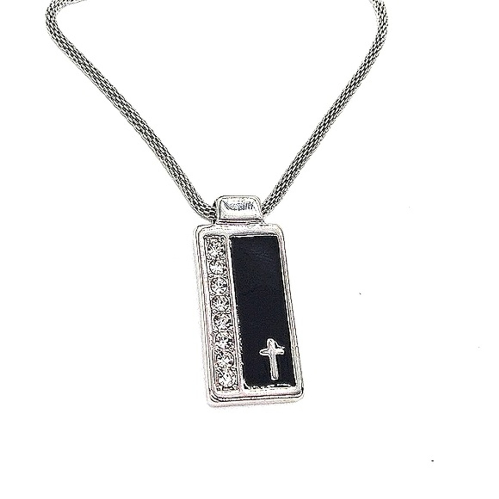 GUESS 24″ Cross Dog Tag Bling Cubic Zirconia Crystal Necklace in Black & Silver