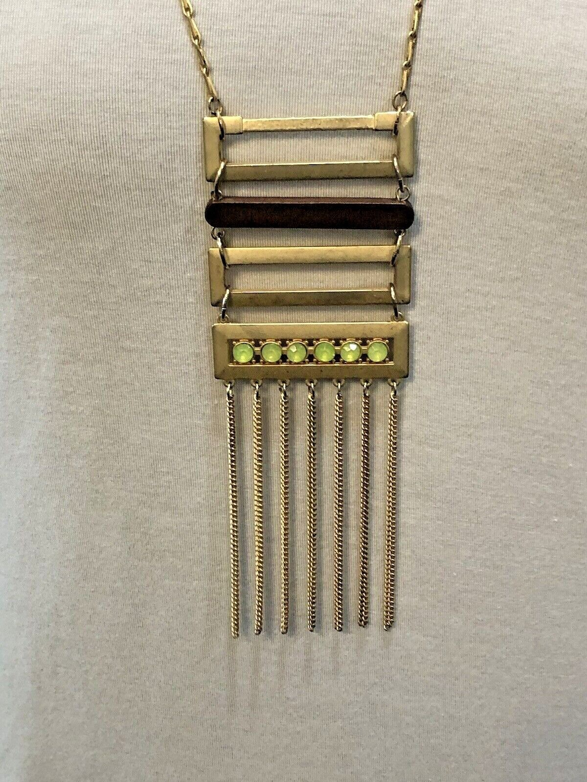 Gold Tone Geometric Fringe Pendant Necklace Wood Chartreuse Green Statement Boho