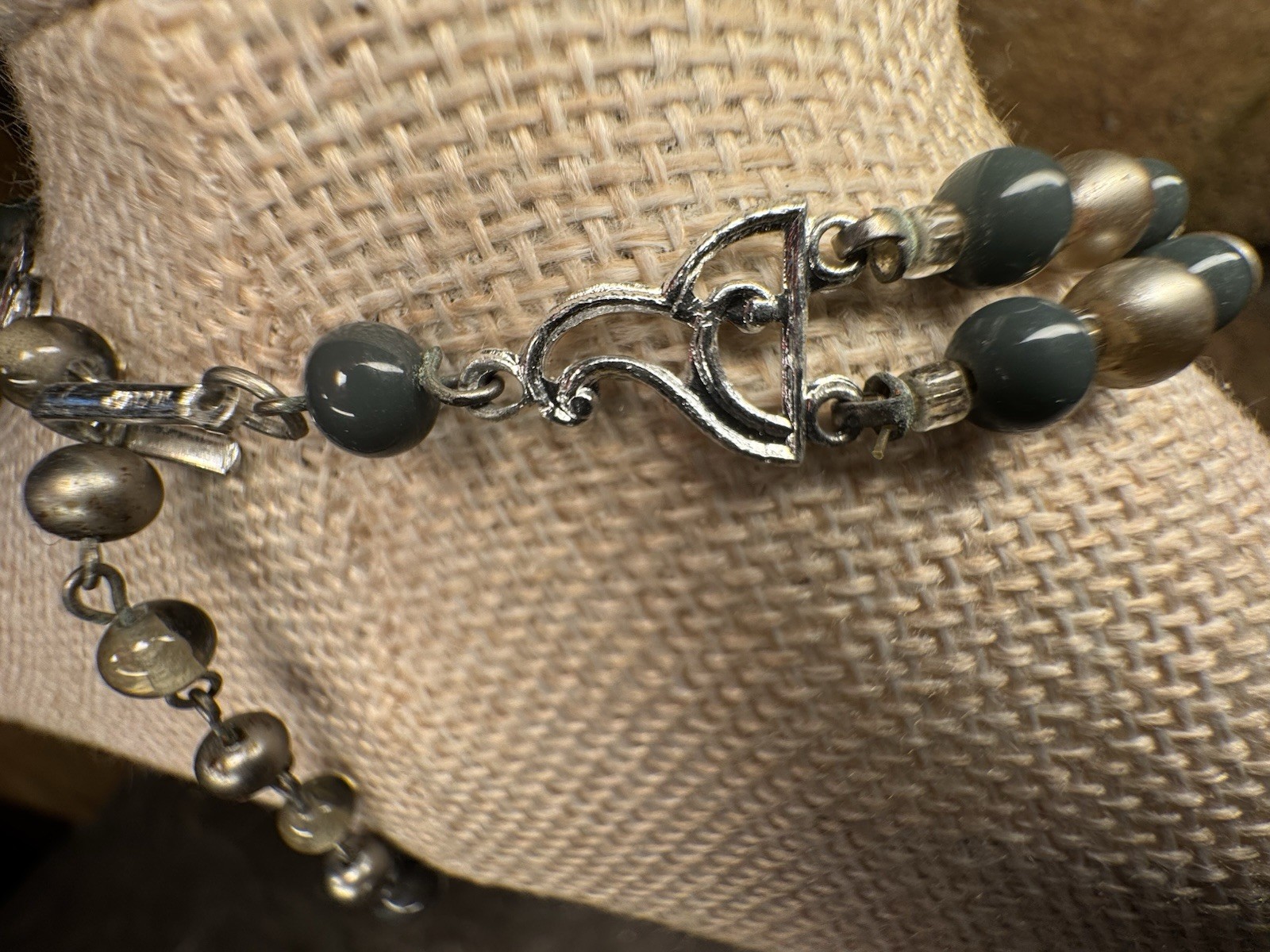 Vintage Gray & Silver Glass Beaded Necklace Stamped Japan c1950s 20in Retro Glam