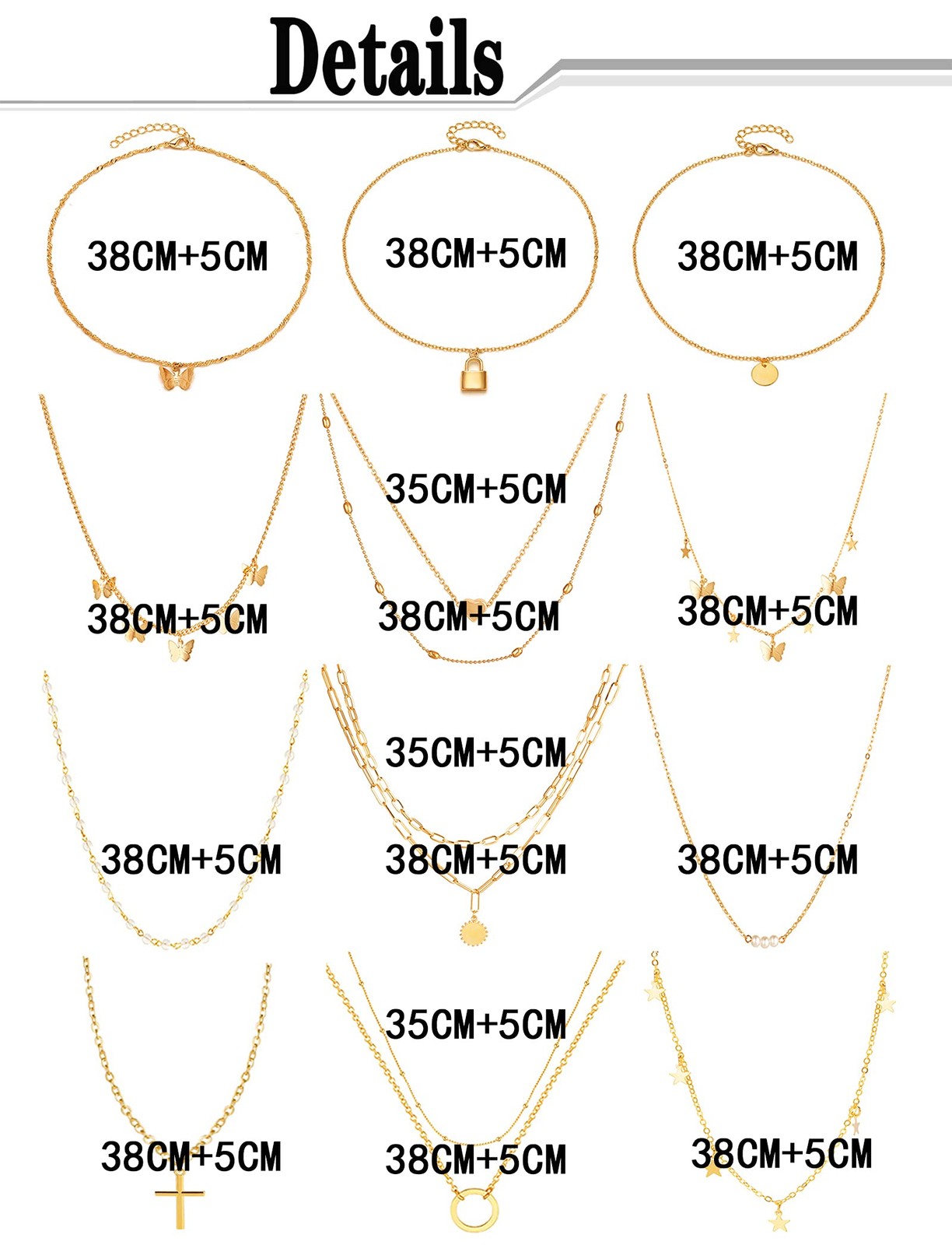 12pcs Chain Gold Bead Necklace Coin Moon Star Pearl Pendant Chain Choker Mult…