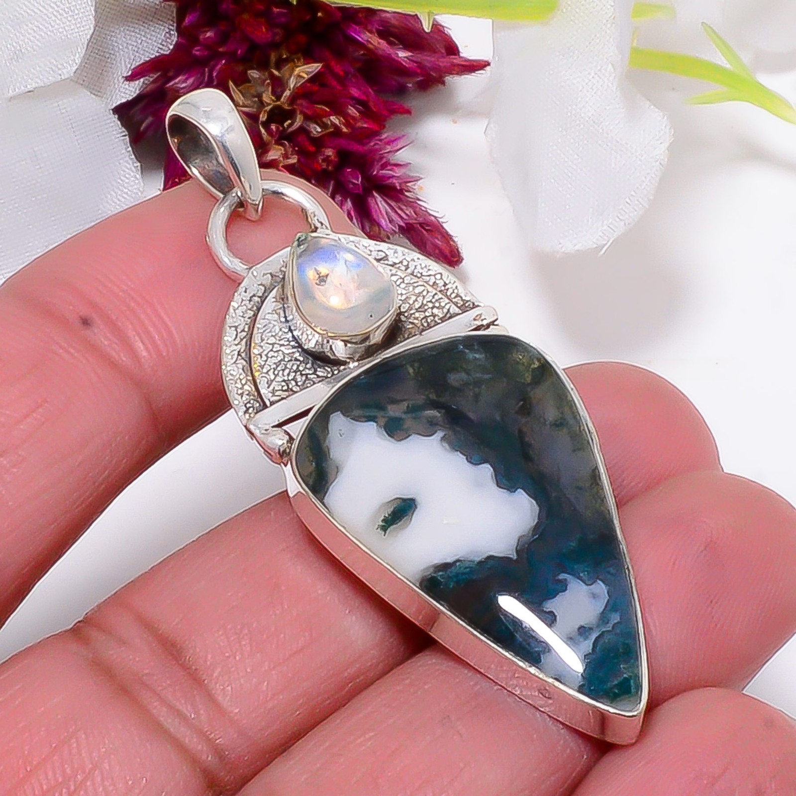 Moss Agate – India & Rainbow Moonstone 925 Sterling Silver Pendant 2.34″ Sku24