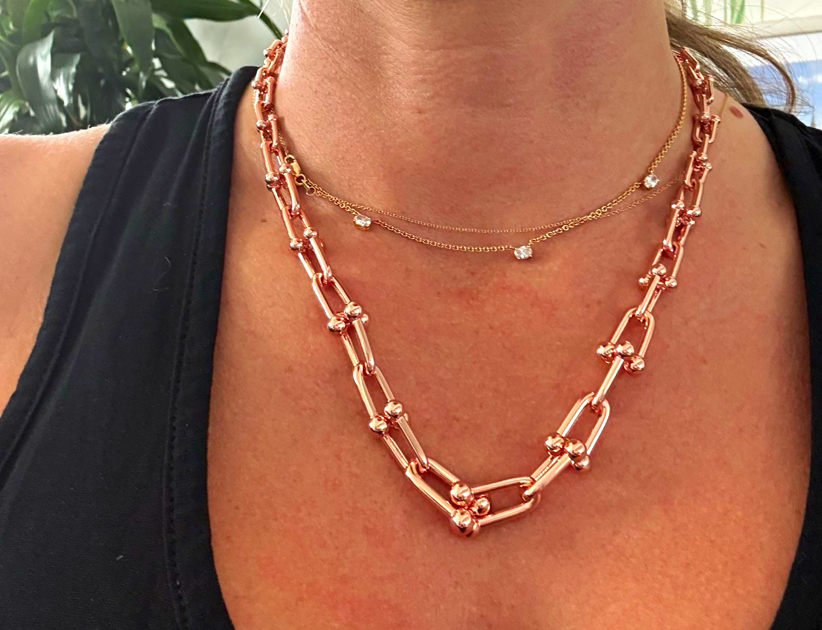 Rose Gold Tone Bar Link Chain Necklace, Metal Chain Style, No Stone, Undated