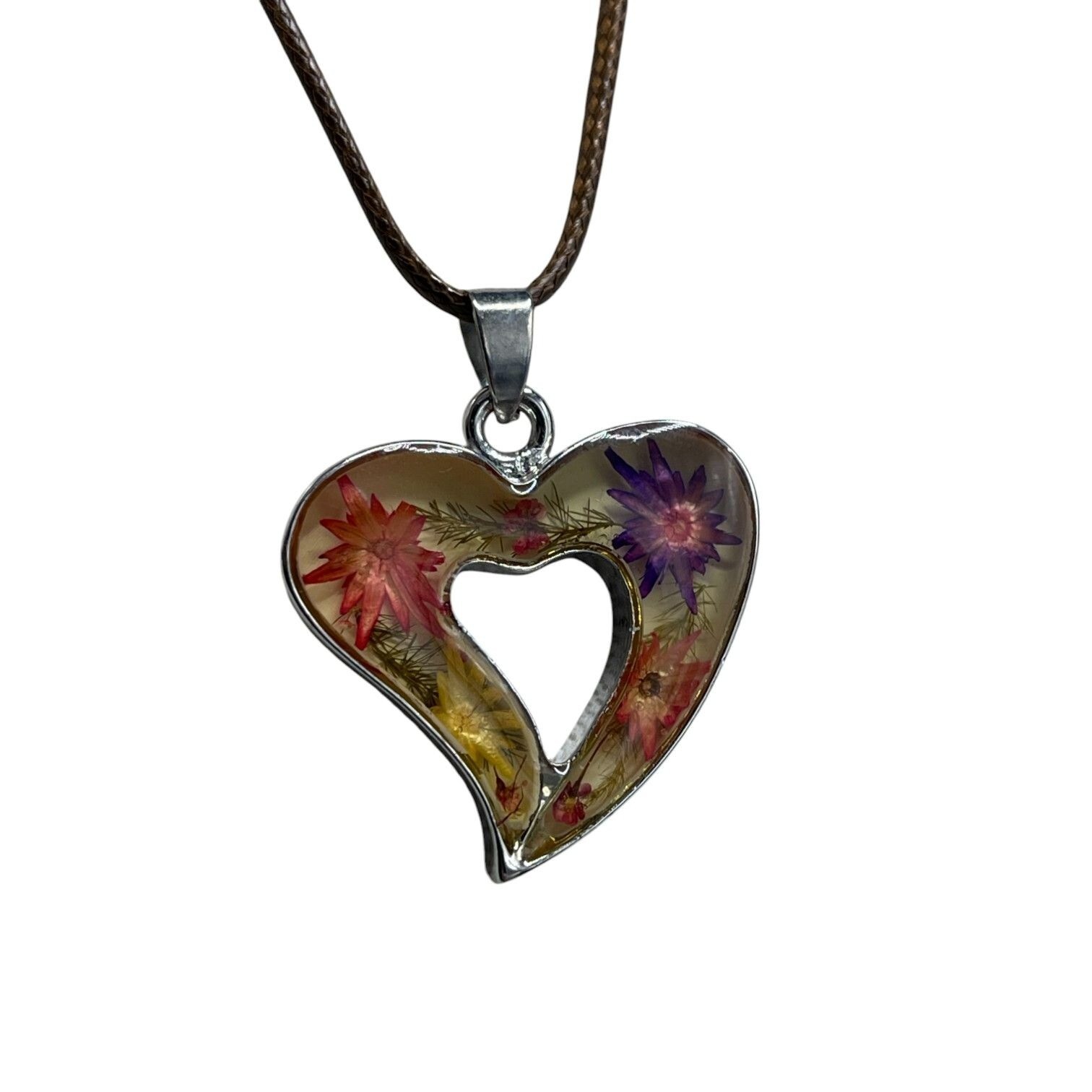 Heart Pendant Necklace With Dried Flowers In Resin 18″ Brown Cord