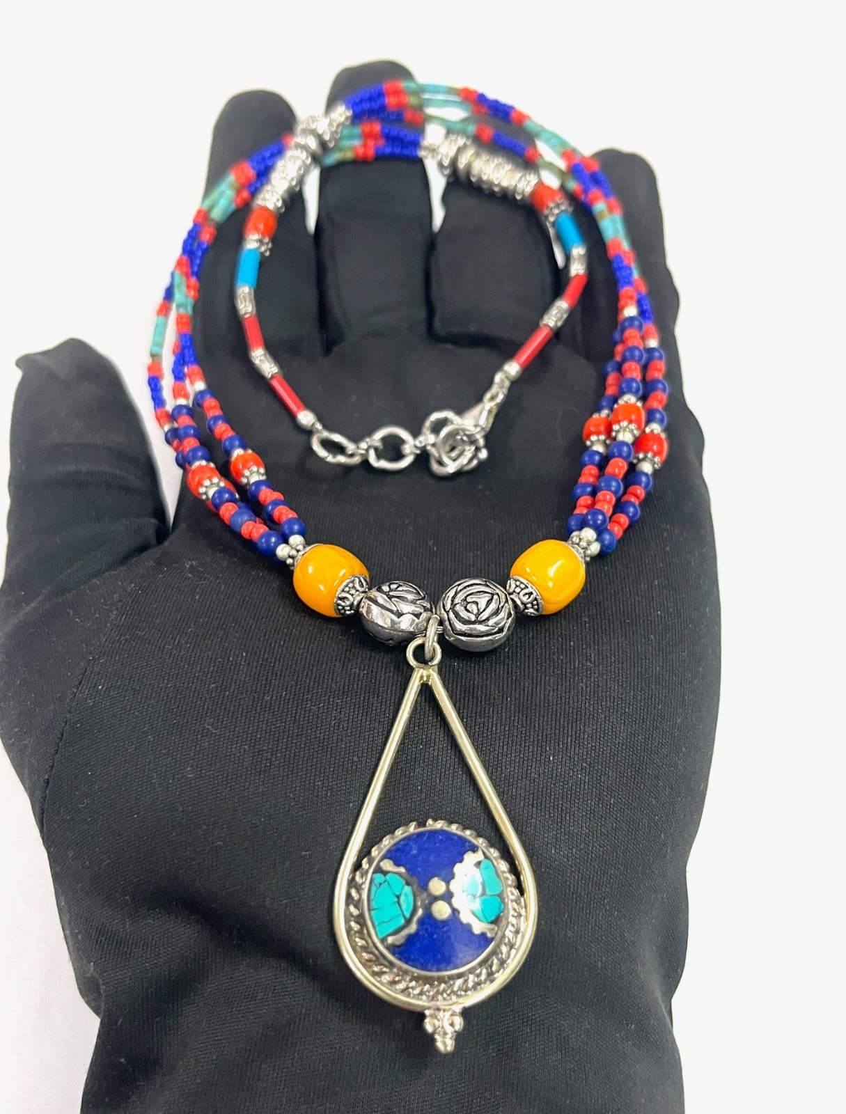 Vintage Lapis LAzuli Red Coral Gemstone Tibetan Necklace Jewelry, 18 Inch Adjust