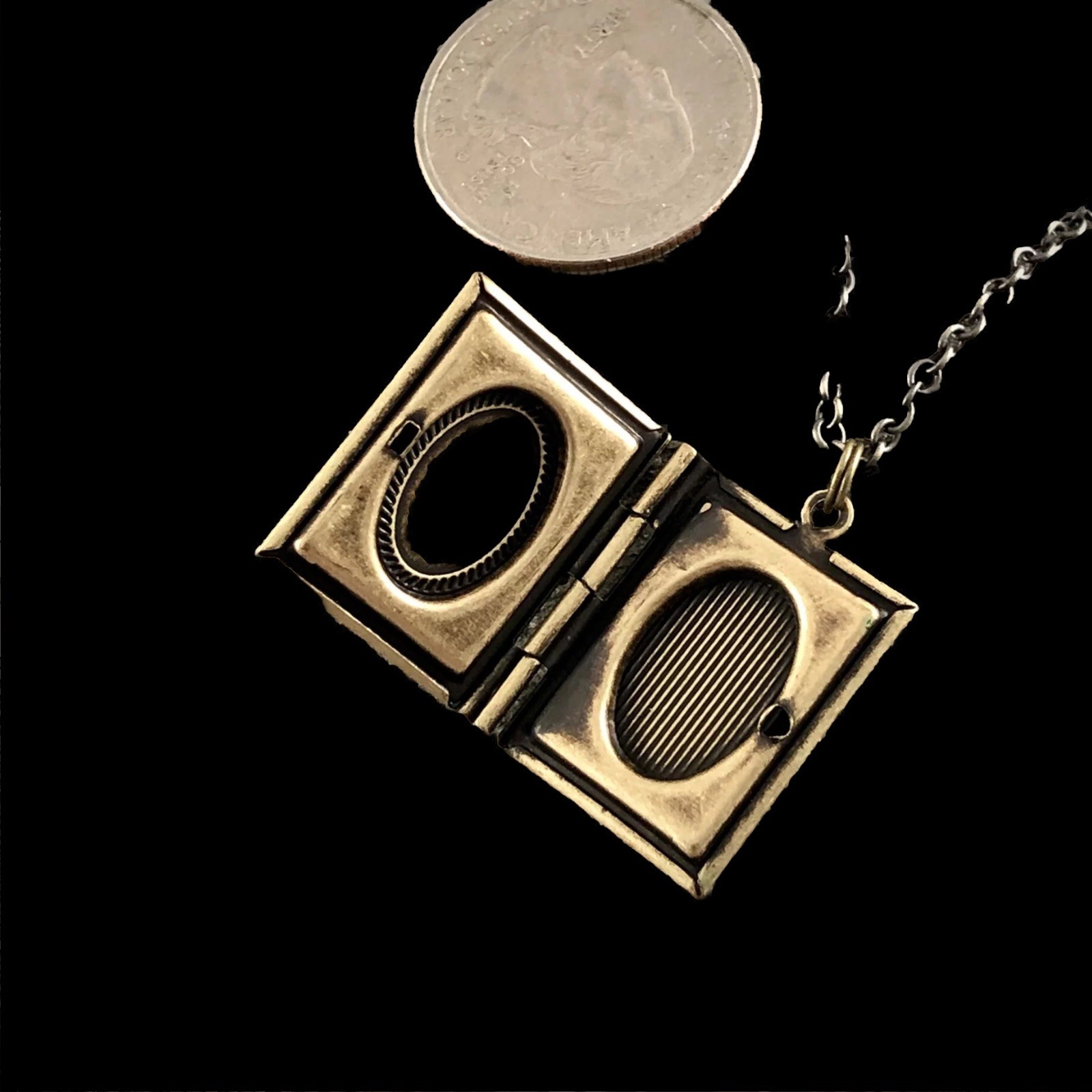 Bumblebee Honey Bee Photo Diary Book Locket Necklace, Antiqued Brass Vtg Pendant