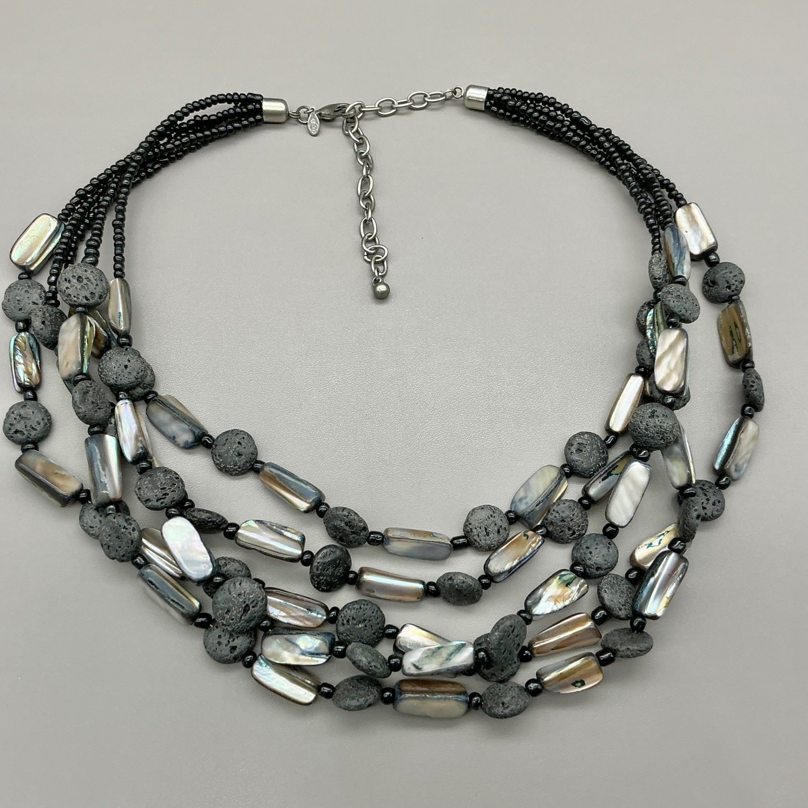Premier Designs Necklace Womens Black Lava Rock Shell Multi Strand Statement