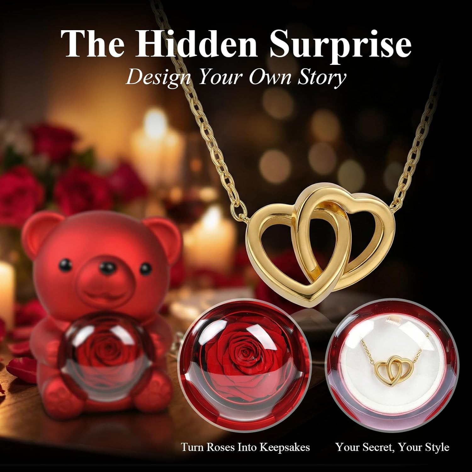 Romantic Hug Teddy Bear with Necklace, Preserved Red Rose, Gift Box for Women