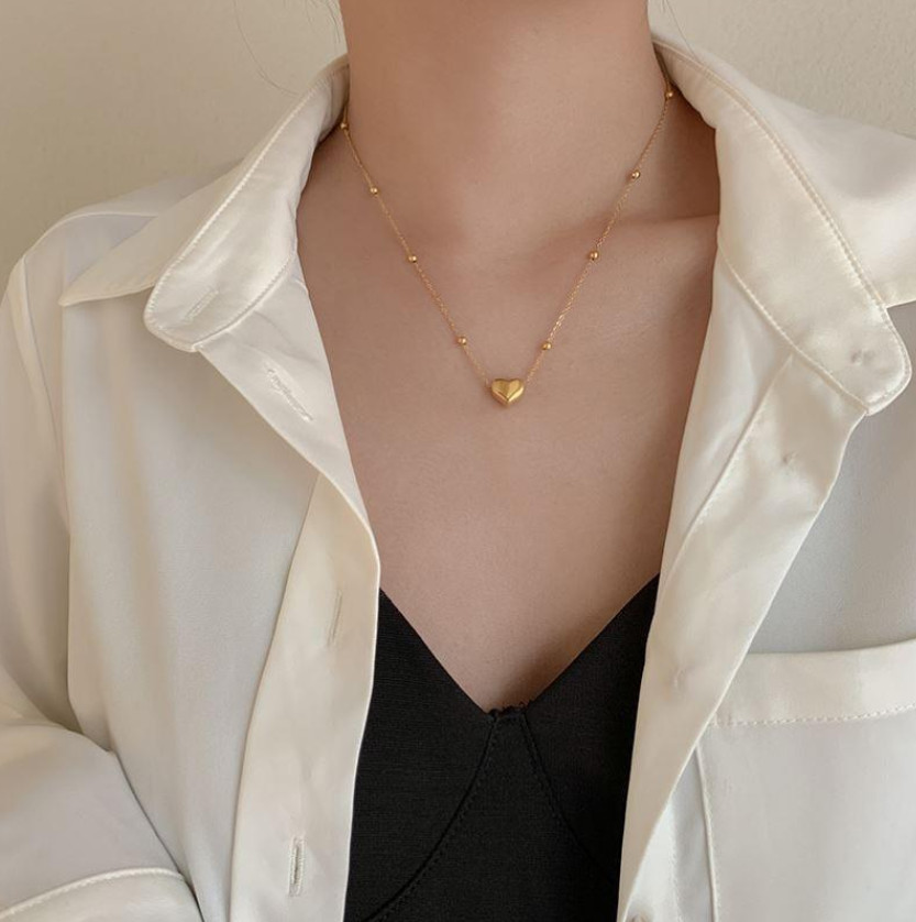 Silver Gold Stainless Steel Love Heart Shape Pendant Beads Chain Necklace PE49