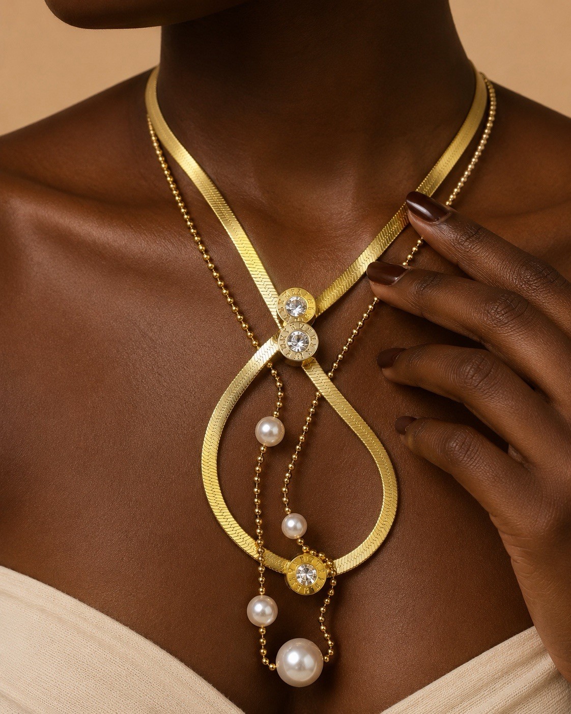 Medystore Layered Gold Tone Necklace CZ & Pearls Bead Chain Adjustable Lobster