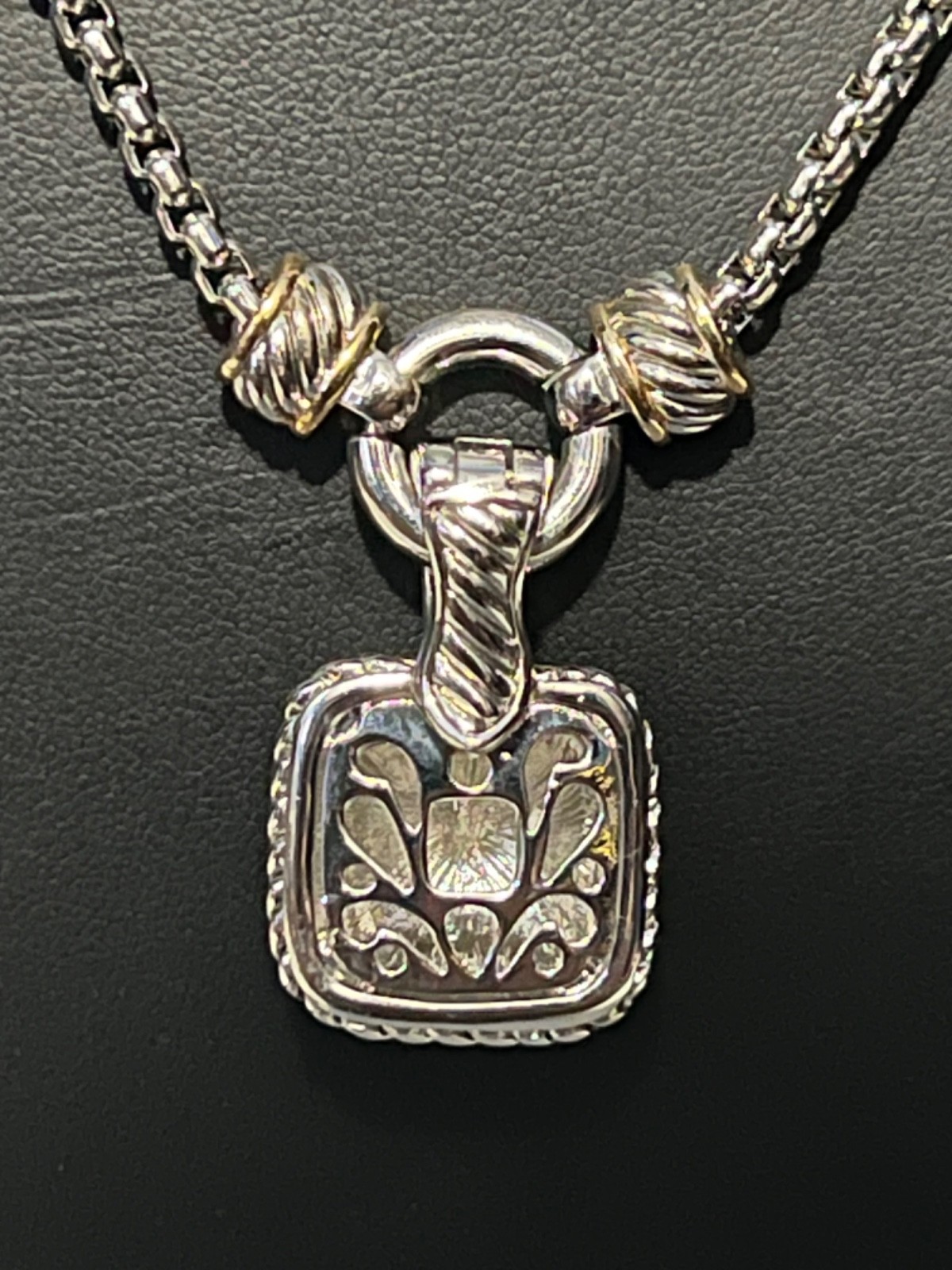 Silver and Gold-tone Chunky Square Pendant on Rolo Chain Necklace w/ Earrings