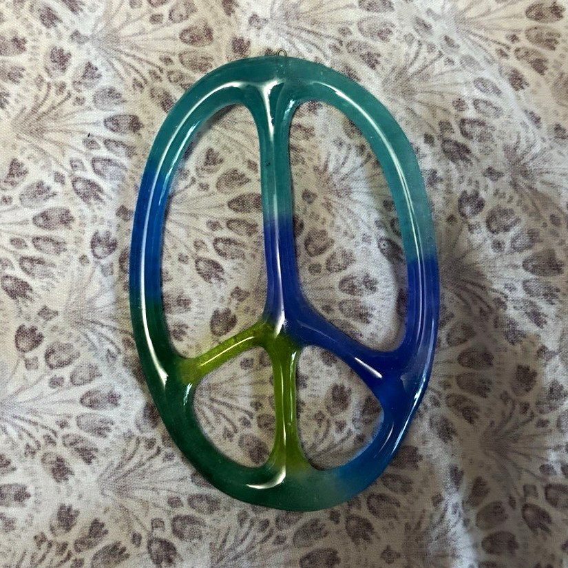 Peace Theme Oval Pendant Charm, Blue & Green Plastic Peace Sign, No Stone