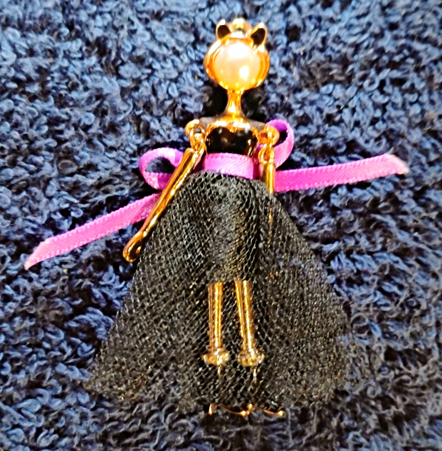Gold Tone Doll Charm Pendant w/ Black Fabric Dress & Pink Ribbon, No Stone