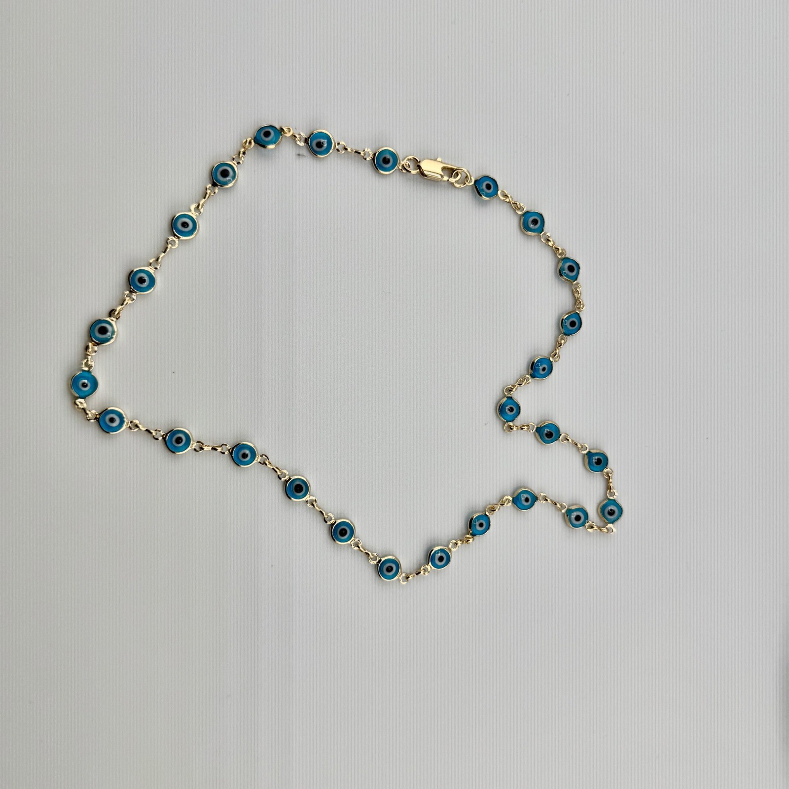 Gold Tone Evil Eye Station Necklace Blue Glass Nazar Protection Charm 18 Inch