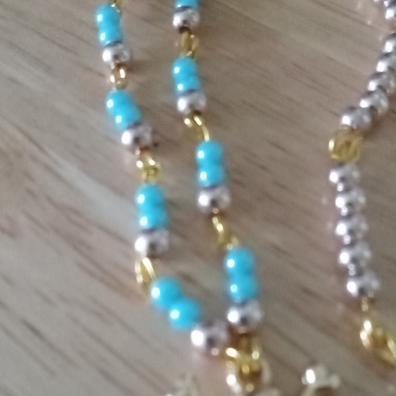 Blue & Silver Beaded Ball Chain Necklace Gold Tone Skull Charm Pendant