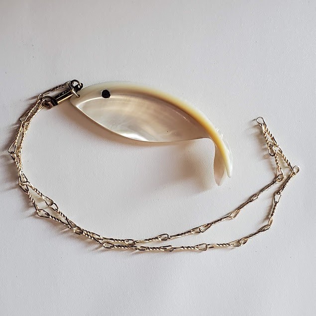 Carved Shell Fish Pendant Necklace Silver Tone Chain White Coastal Boho
