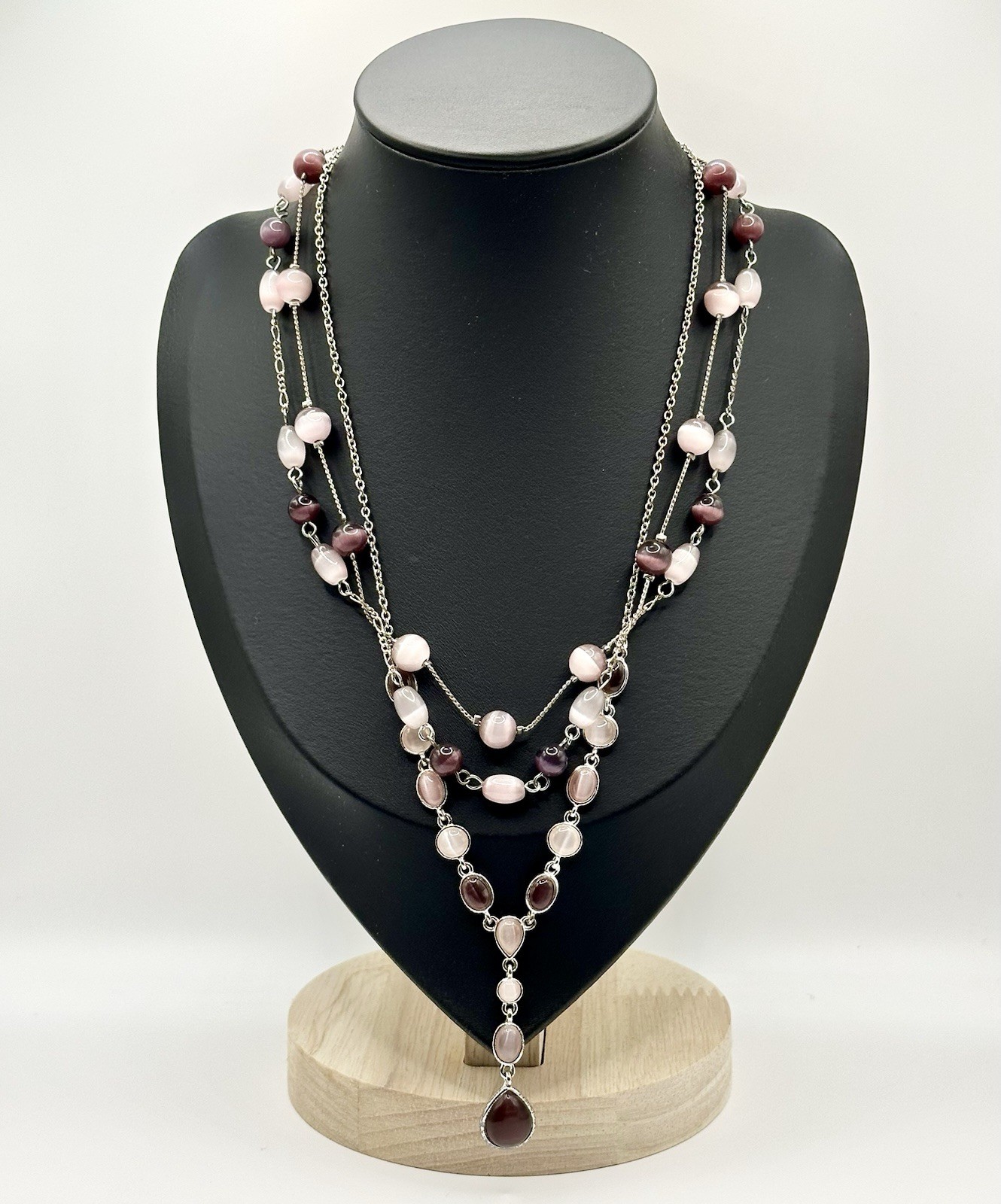 Purple Glass Cats Eye Necklace Silver Tone Layered Multi Strand 16-18”