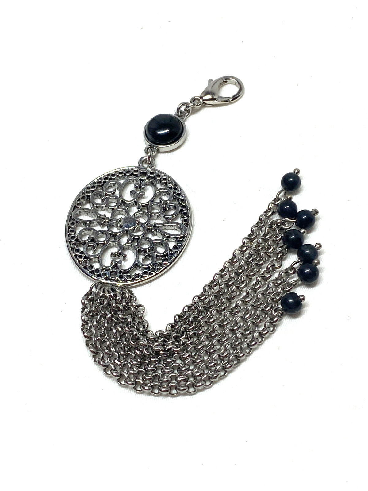 Lia Sophia Lyrical Detachable Chain Tassel Pendant Black Glass Stone Filagree 7″