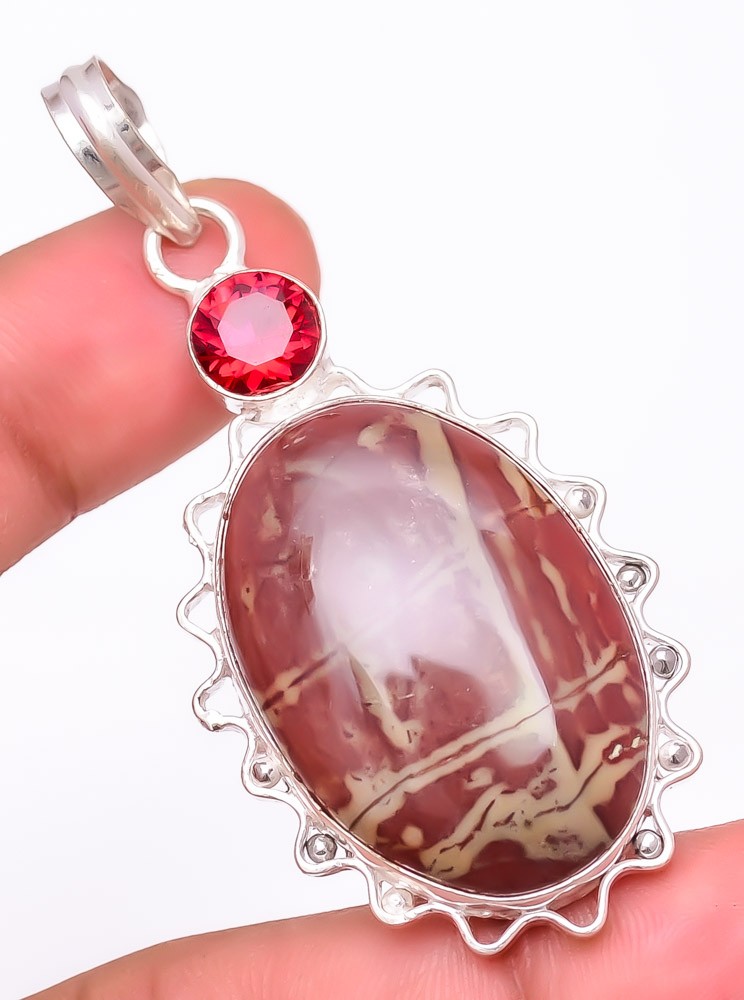 Natural Picasso Jasper, Rubellite Gemstone 925 Silver Plated Pendant 2.4″ T298