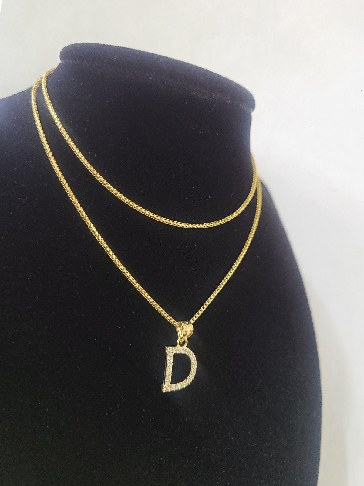 10K Gold Solid Franco Chain D Initial CZ Stone Pendant Set 1mm 16 18 20 22 Women