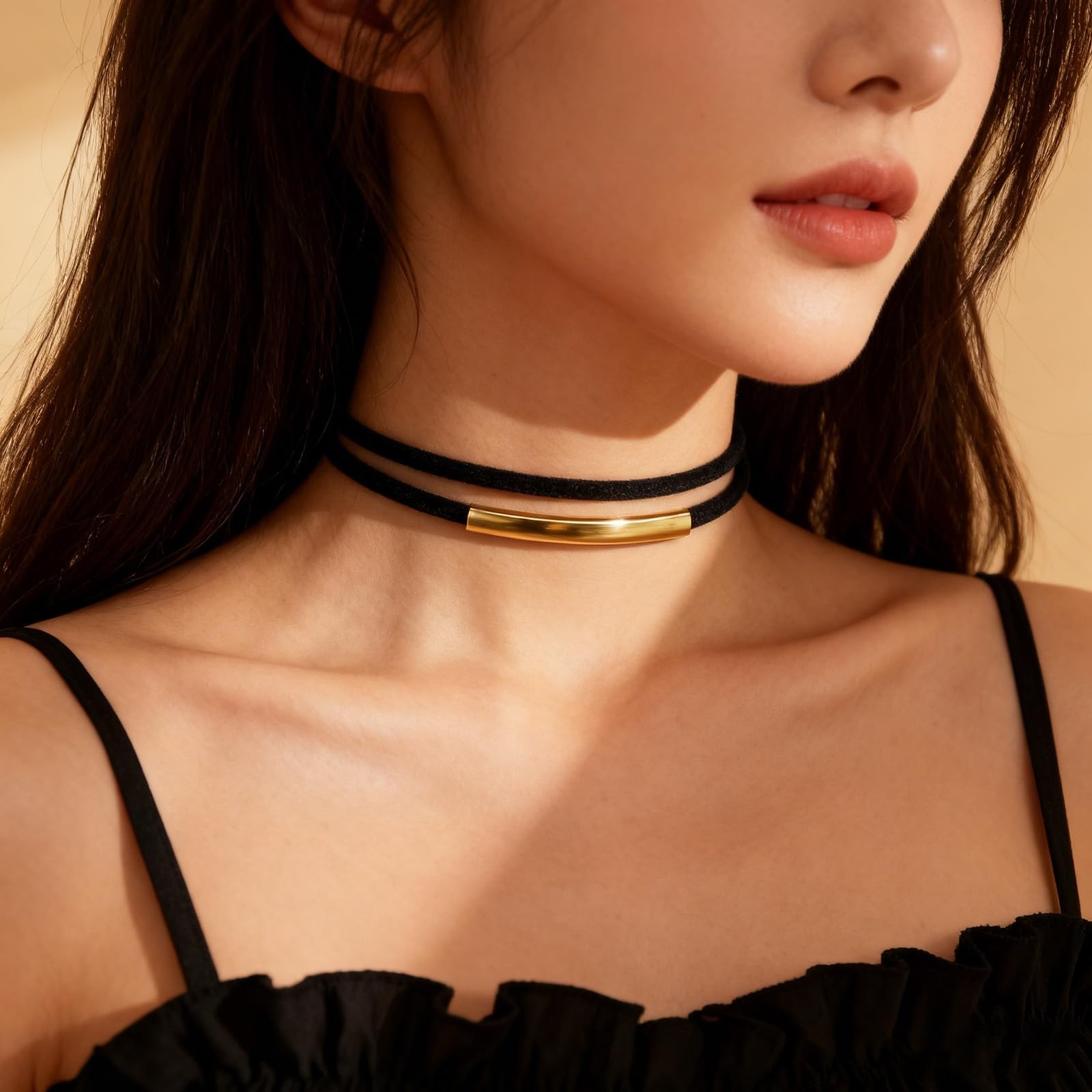 Xosjska 2 PCS Velvet Choker Necklace, Double Layer Medium, black,gold,silver