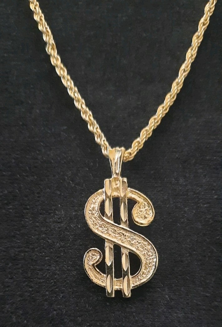 Dollar Sign Pendant 1 1/4″ w Sparkling Rope Chain Fashion Necklace 18″ Gold Tone
