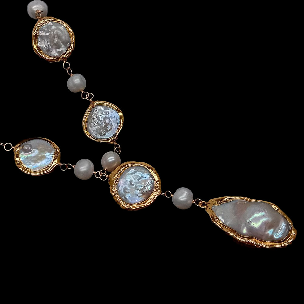 Cultured White Coin Pearl Potato Pearl Y-Drop Necklace Keshi pearl Pendant 20″