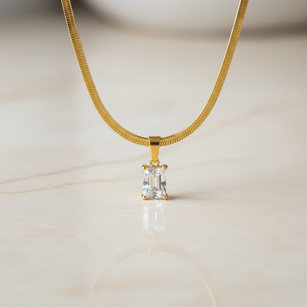 18K Gold-Plated Snake Chain Emerald CZ Pendent Dainty Layered Necklace Women