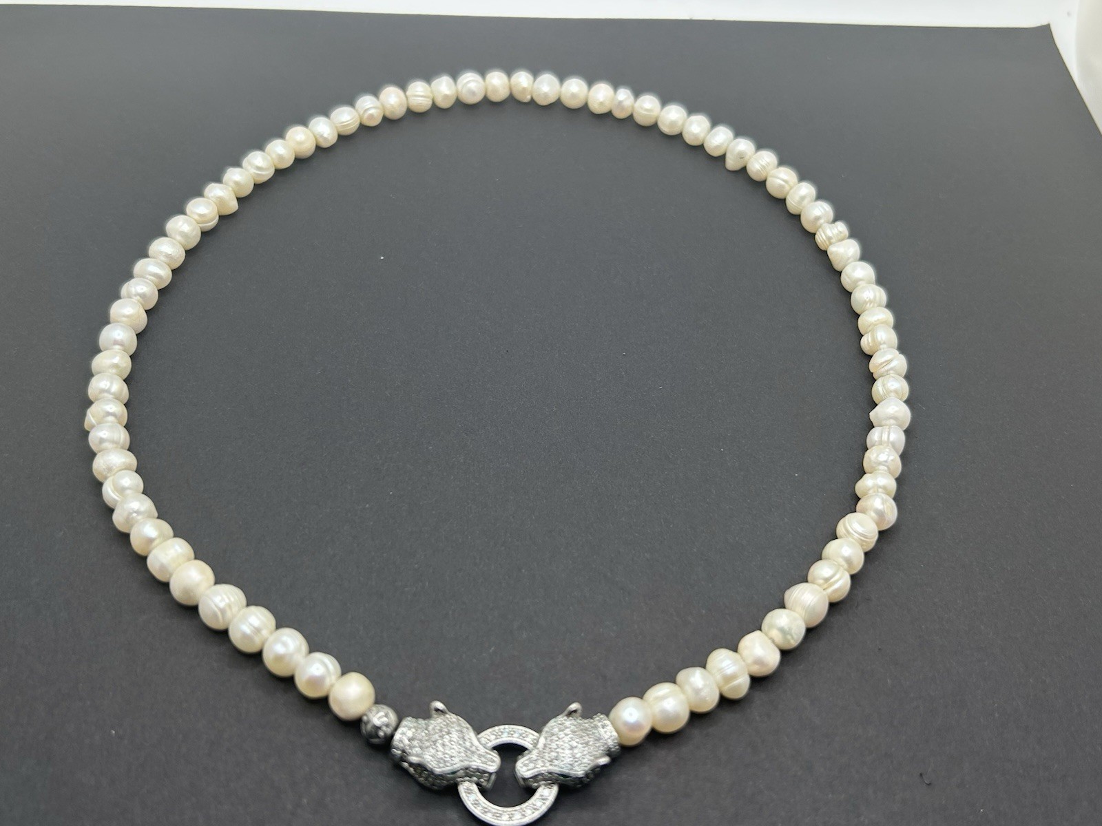 Nialaya White Pearl Necklace 20 inches w/ Silver Panther Clasp