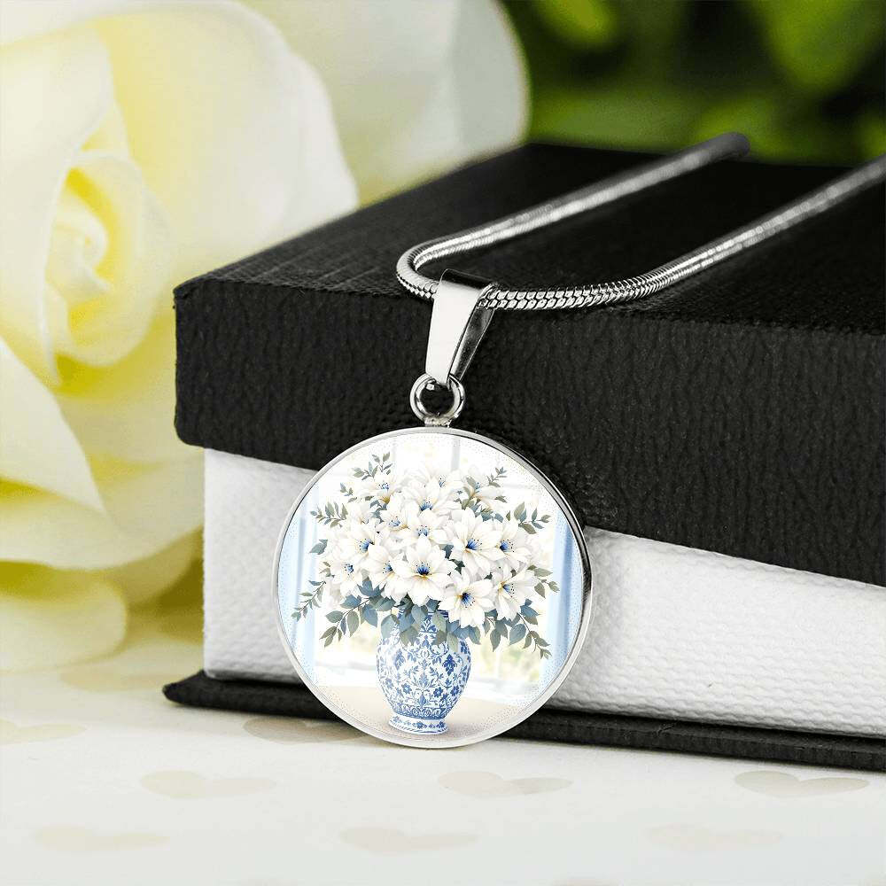 Engraved Floral Pendant Necklace Delft Blue Vase