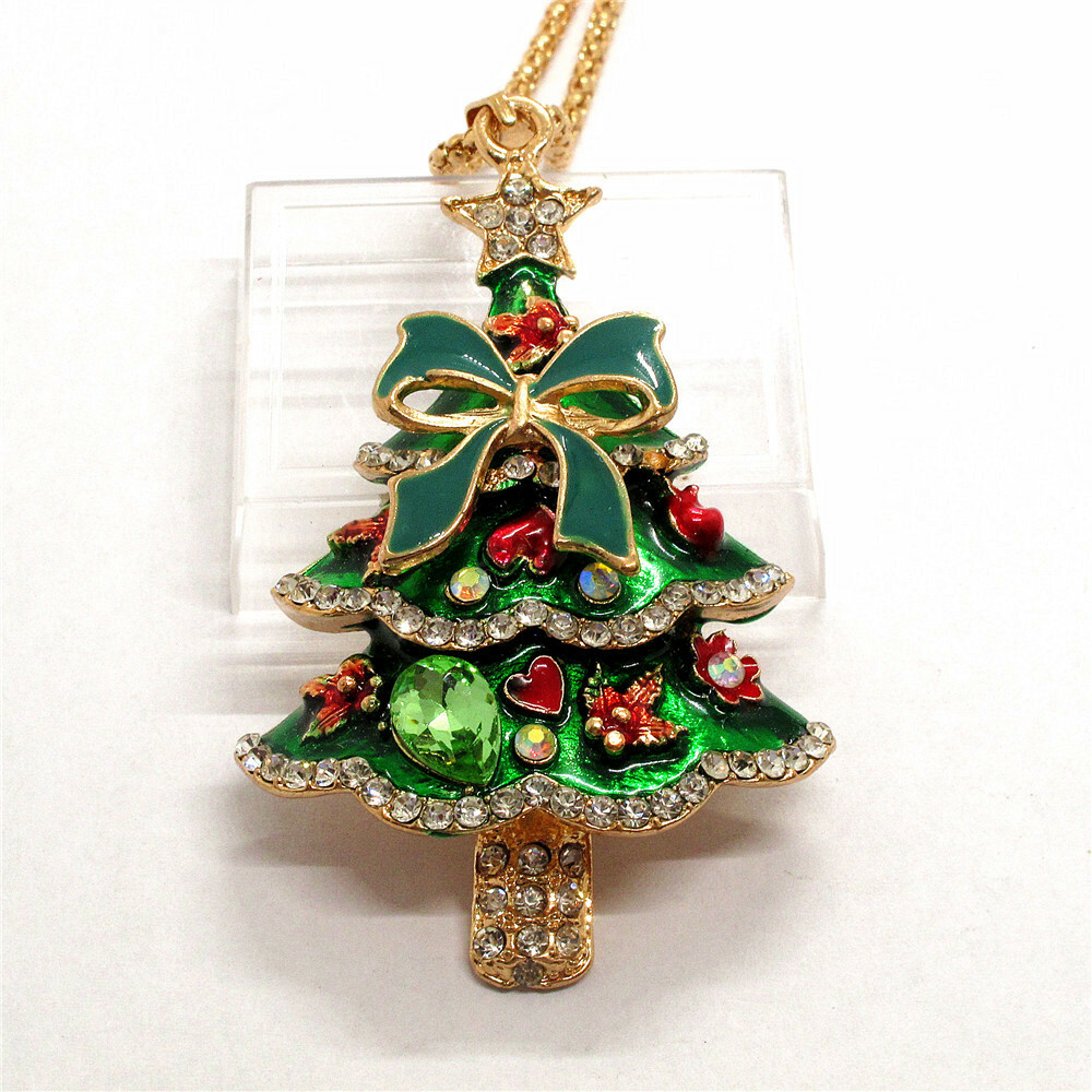 New Fashion Women Green Enamel Christmas Tree Crystal Sweater Chain Necklace