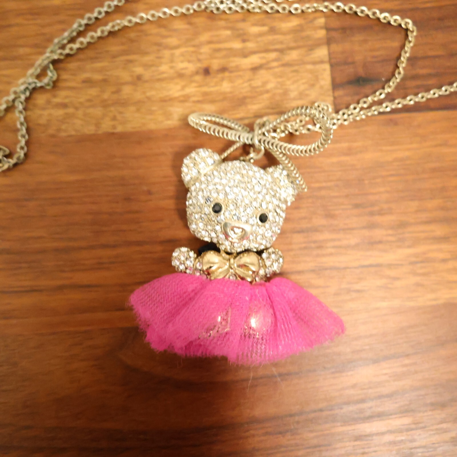 Betsey Johnson necklace teddy bear in ballerina costume magenta pink tutu signed