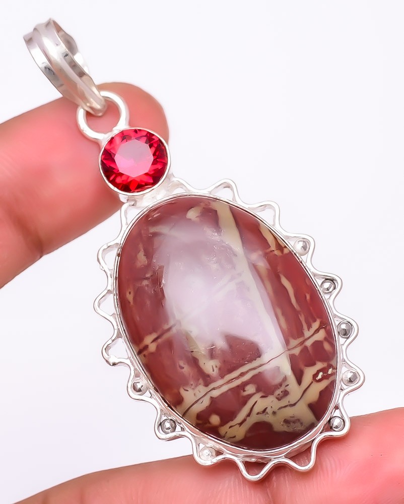 Natural Picasso Jasper, Rubellite Gemstone 925 Silver Plated Pendant 2.4″ T298