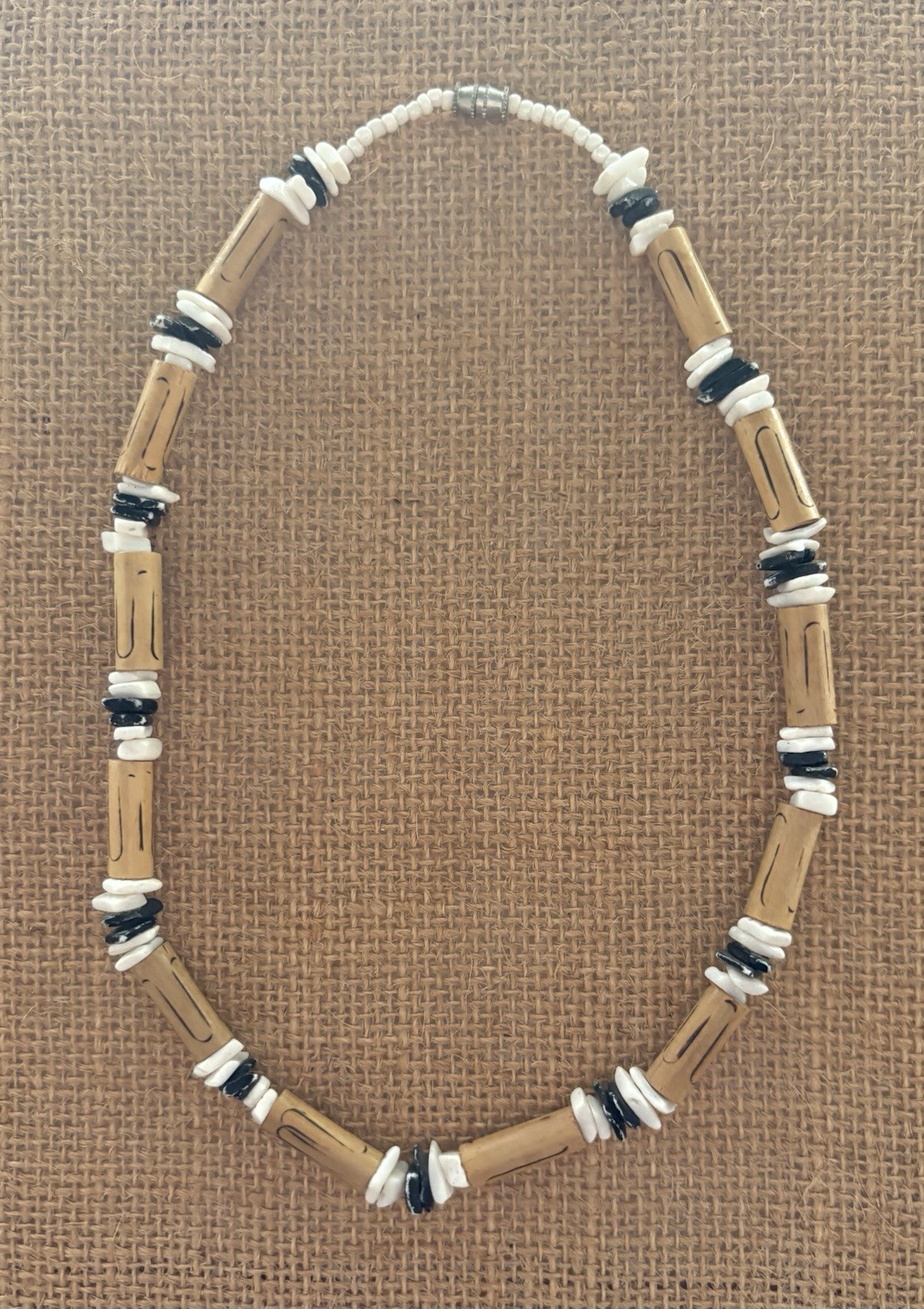 Wood Tube Bead Choker Necklace Black White Cord Tan Beaded Boho Adjustable