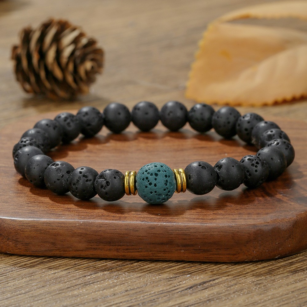 2Pcs Natural Lava Rock Stone Elastic Beaded Handmade Bracelet and Necklace Set