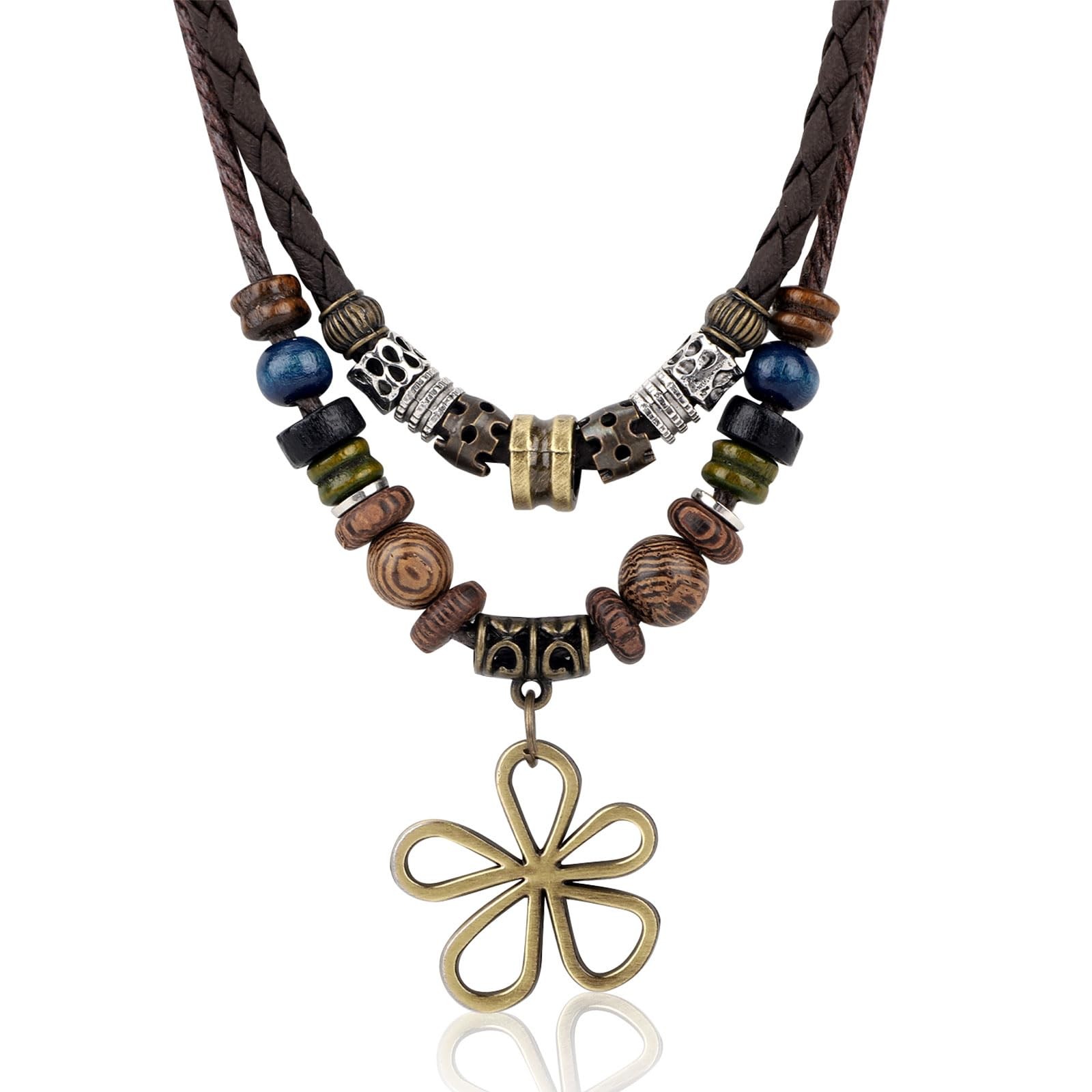 Mikovivi MultiLayer Boho Wood Bead Necklace, Bohemian Hollow Flower Pendant N…