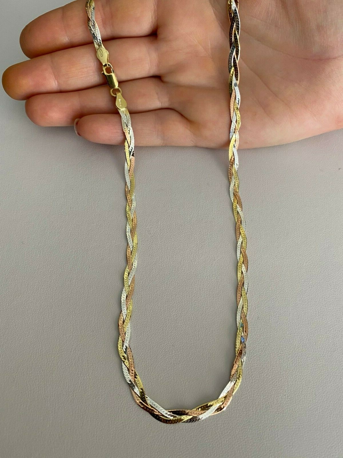 925 Silver Tri-Color Yellow Rose Gold Plated Twisted Braided Herringbone Chain
