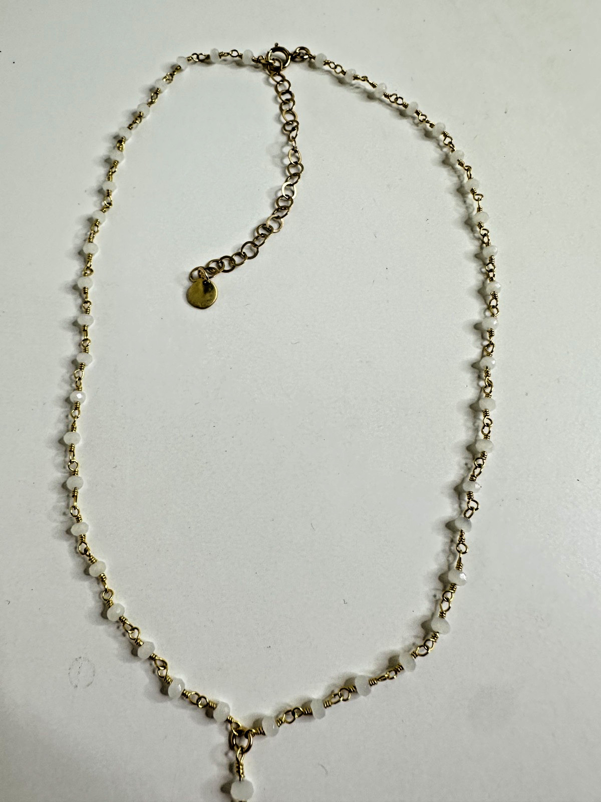1/20 14k Gold Filled Necklace Dainty Moon Charm White Beads Y Lariat Dangle