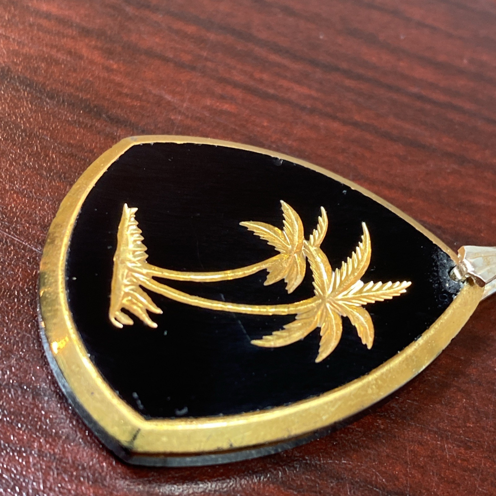 Vintage Golden Palm Trees Etched on Jet Black Glass Pendant Charm Germany 1.25”