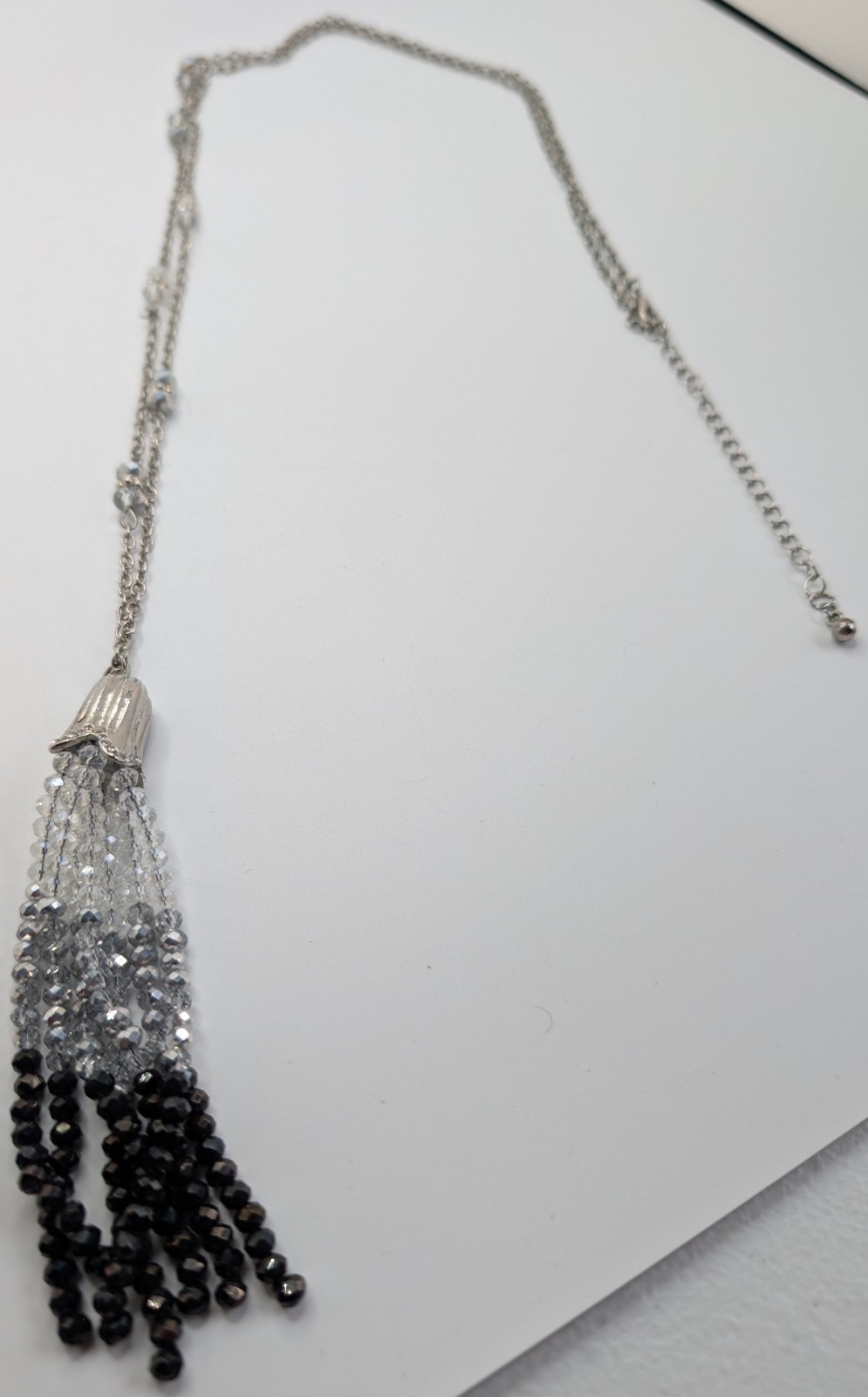 Long Silver Tone Necklace /w Tassel White Grey Black Ombre Beaded