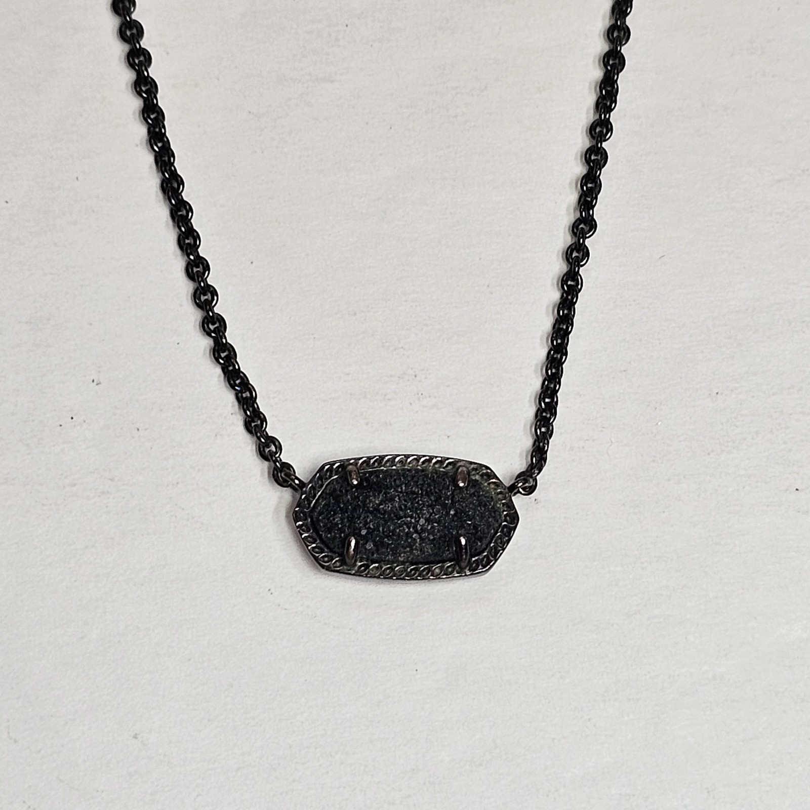Kendra Scott ELISA Black Drusy Druzy Pendant Necklace Gunmetal Chain 15in+2in