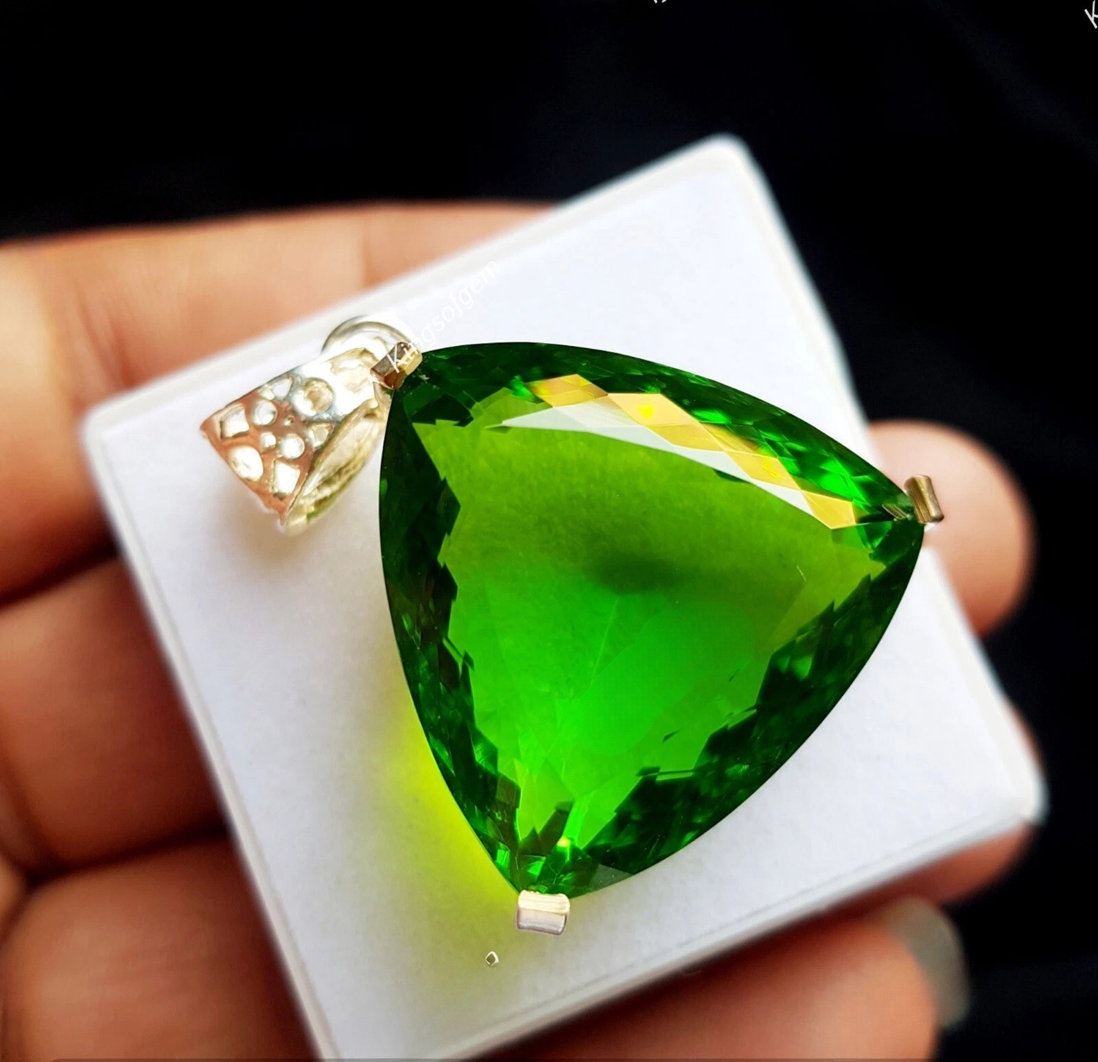 Natural 90.75 Ct Brazilian Trillion Cut Green Topaz Pendant 925 Silver Gemstone