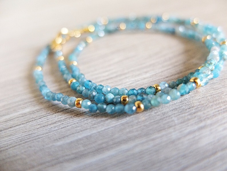 A++ Dainty Apatite Faceted Round Gemstone Gold Filled Beads Women Necklaces 24”