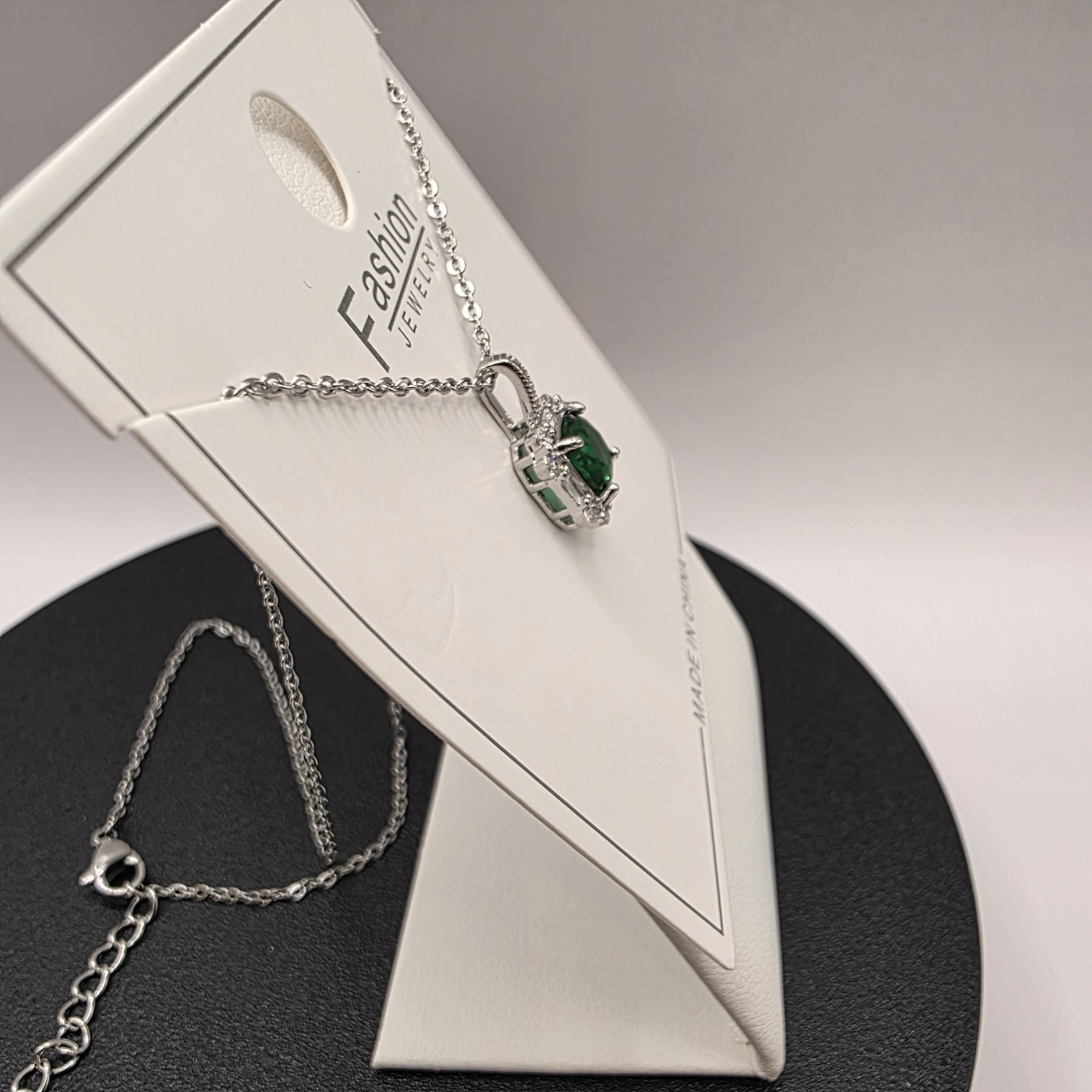 Stainless Steel 16″ Necklace w/17mm Green CZ Fashion Pendant