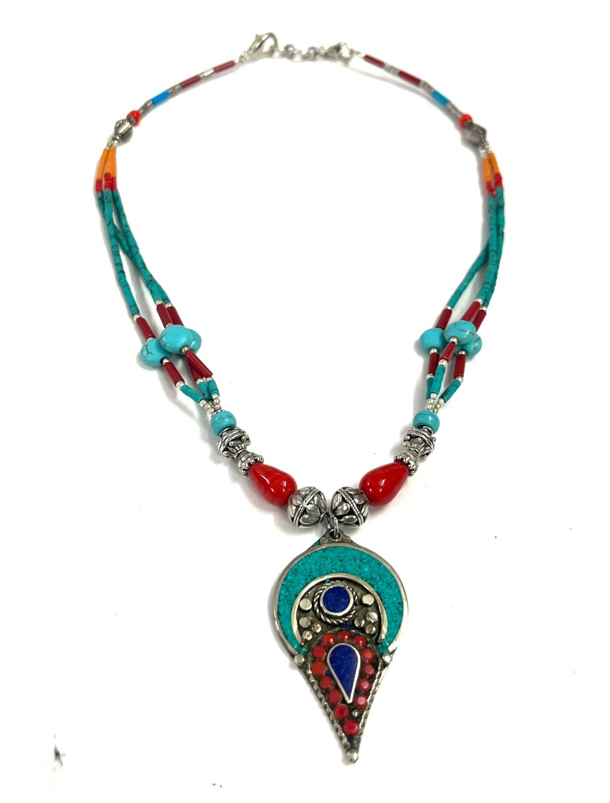 Antique Turquoise Coral Gemstone Tibetan Boho Necklace Jewelry, 17 inch Adjus