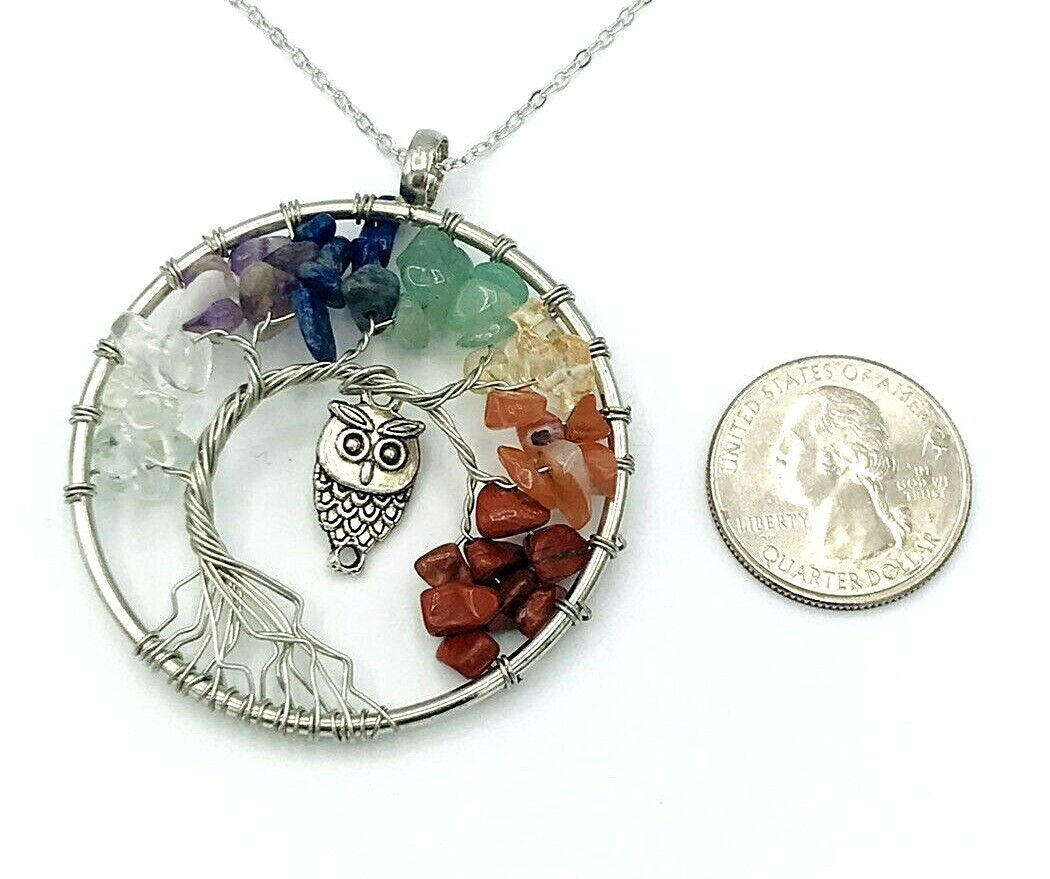 Silver Tone Multi Gemstone Wire Wrapped Tree Of Life Owl Necklace