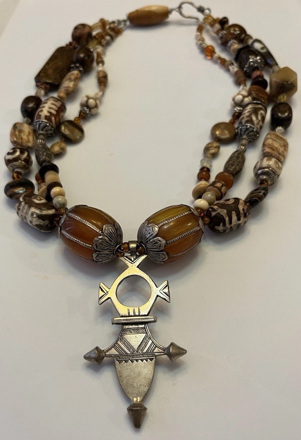 Global Trade Bead Necklace Amber Gemstone DZI Shell Glass Tuareg Cross Pendant