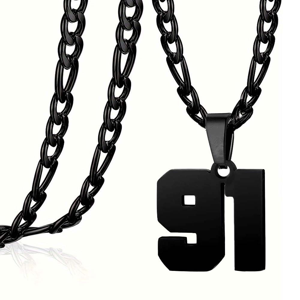 #00-#99 SPORTS BLACK NUMBER Pendant Charm / 24IN STAINLESS CHAIN NECKLACE