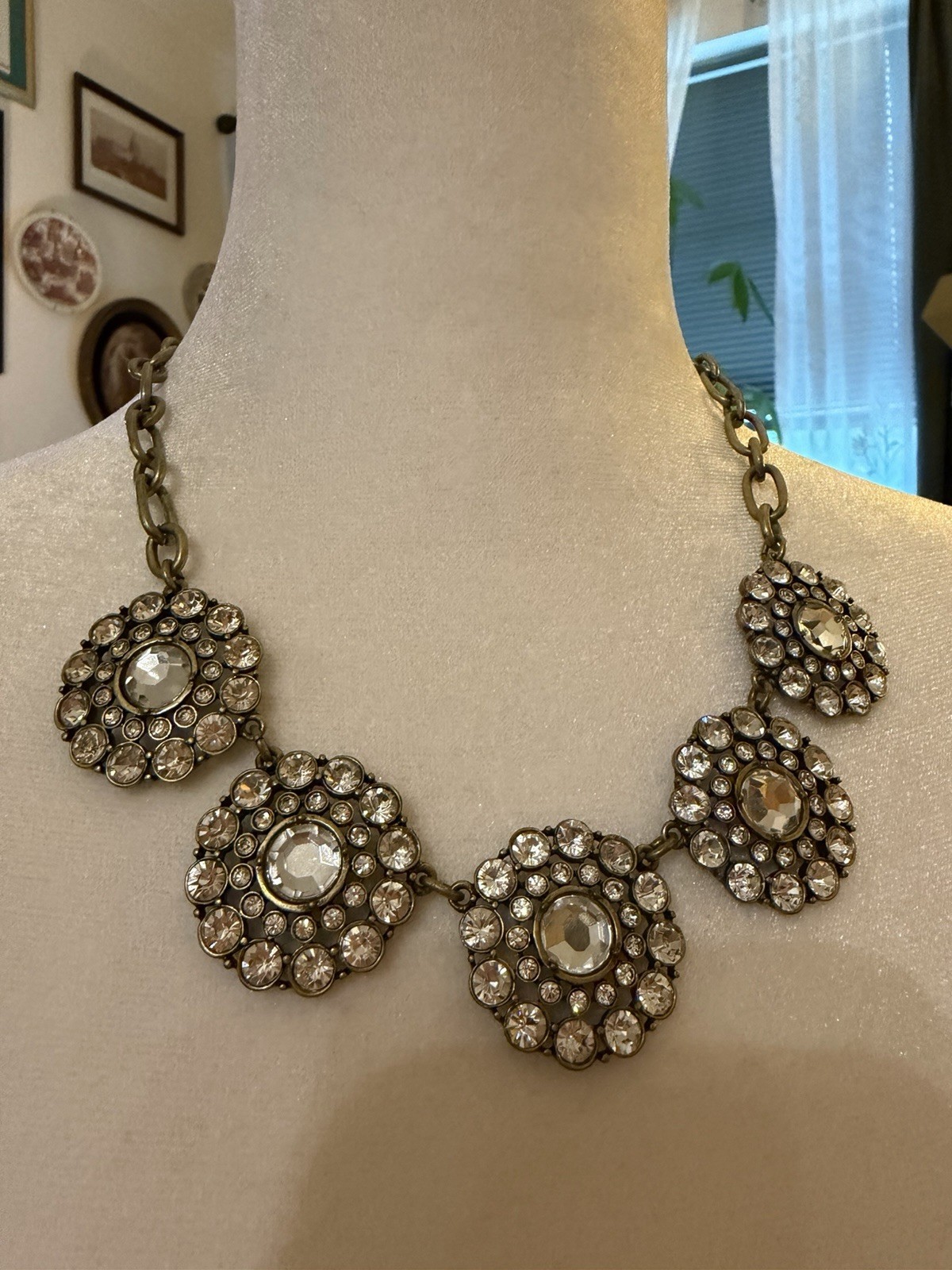 J.Crew Gold Tone Clear Crystal Cluster Statement Link Chain Necklace Adjustable