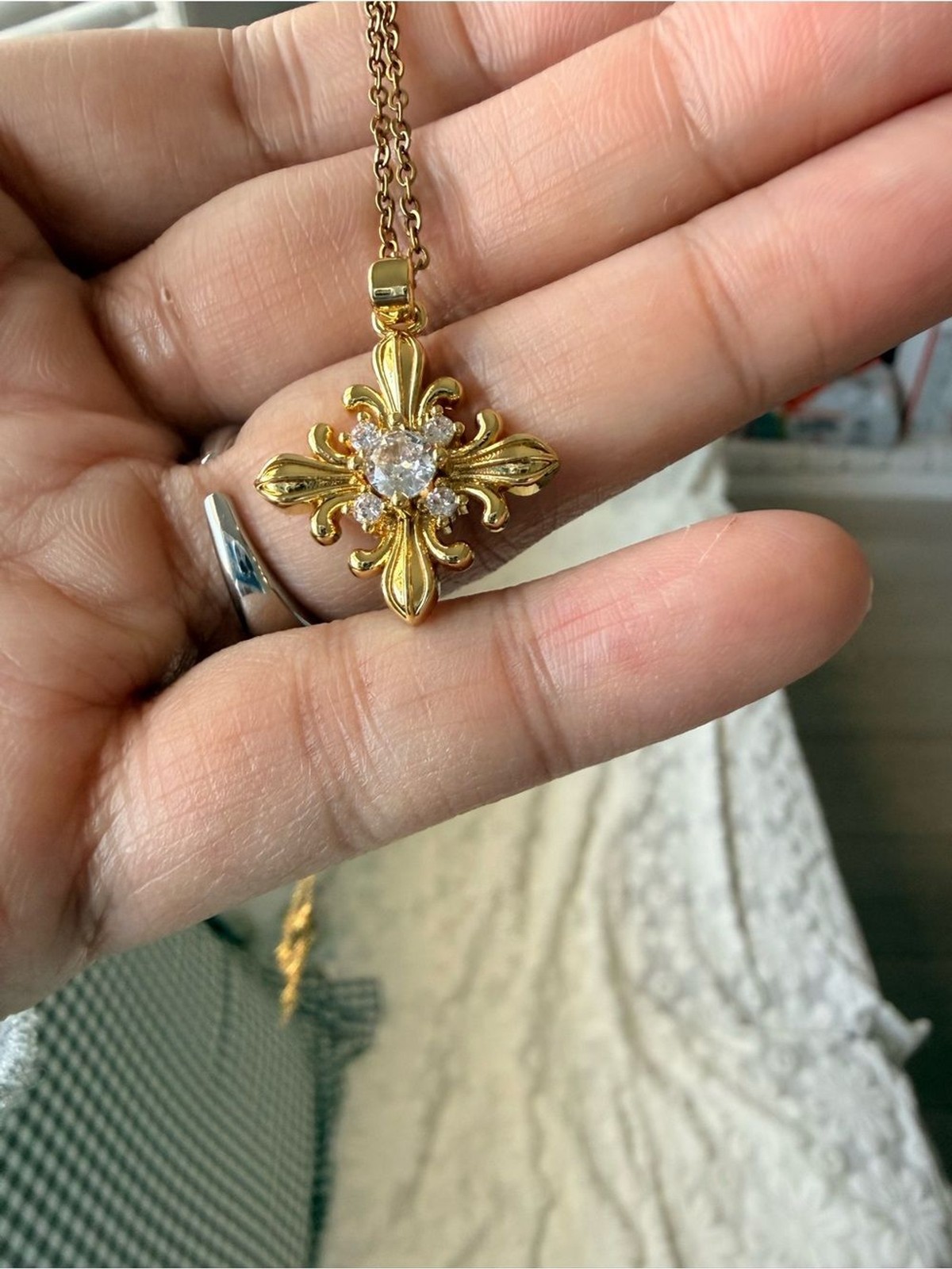 Vintage Baroque Cross Necklace Steel Chain Brass Pendant